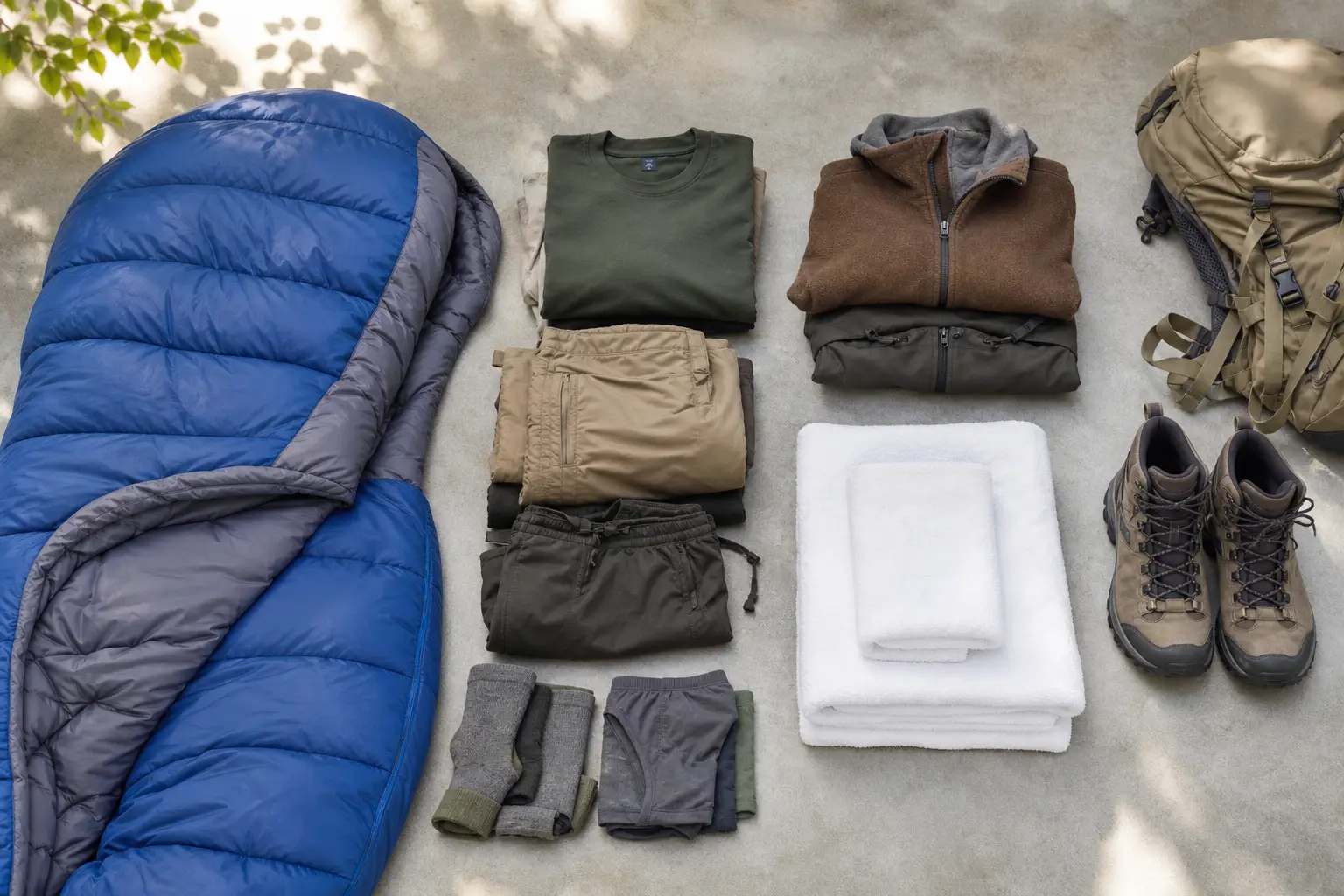 Camping gear, hiking clothes, sleeping bag, towels, and backpack ready to be washed at Highlander Laundromat near Hocking Hills
