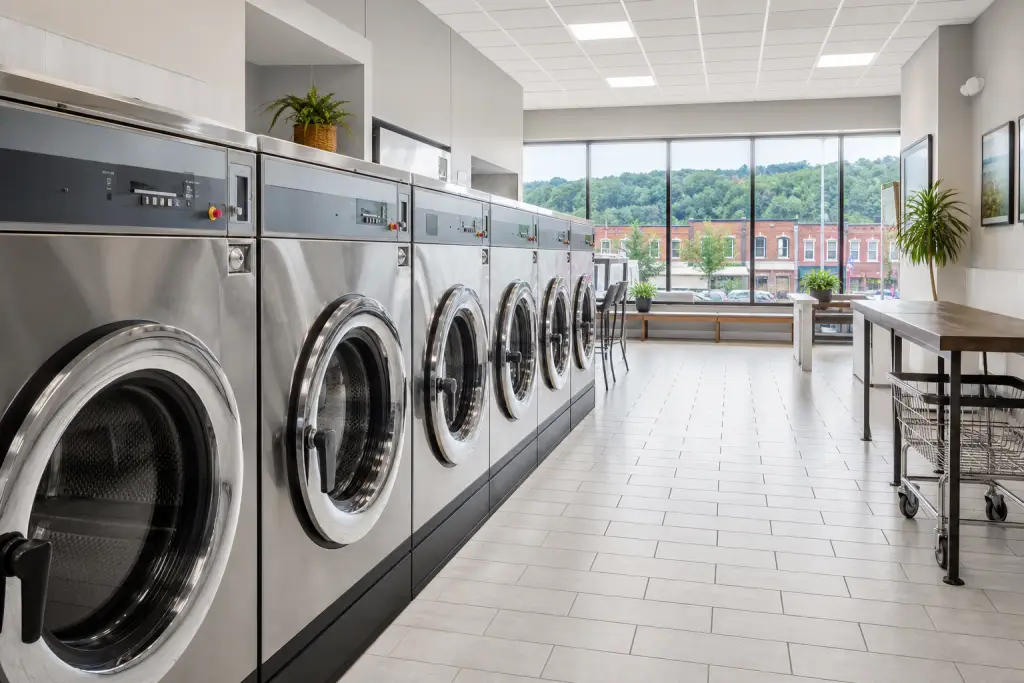 Large-capacity commercial washers at Highlander Laundromat in Nelsonville, Ohio